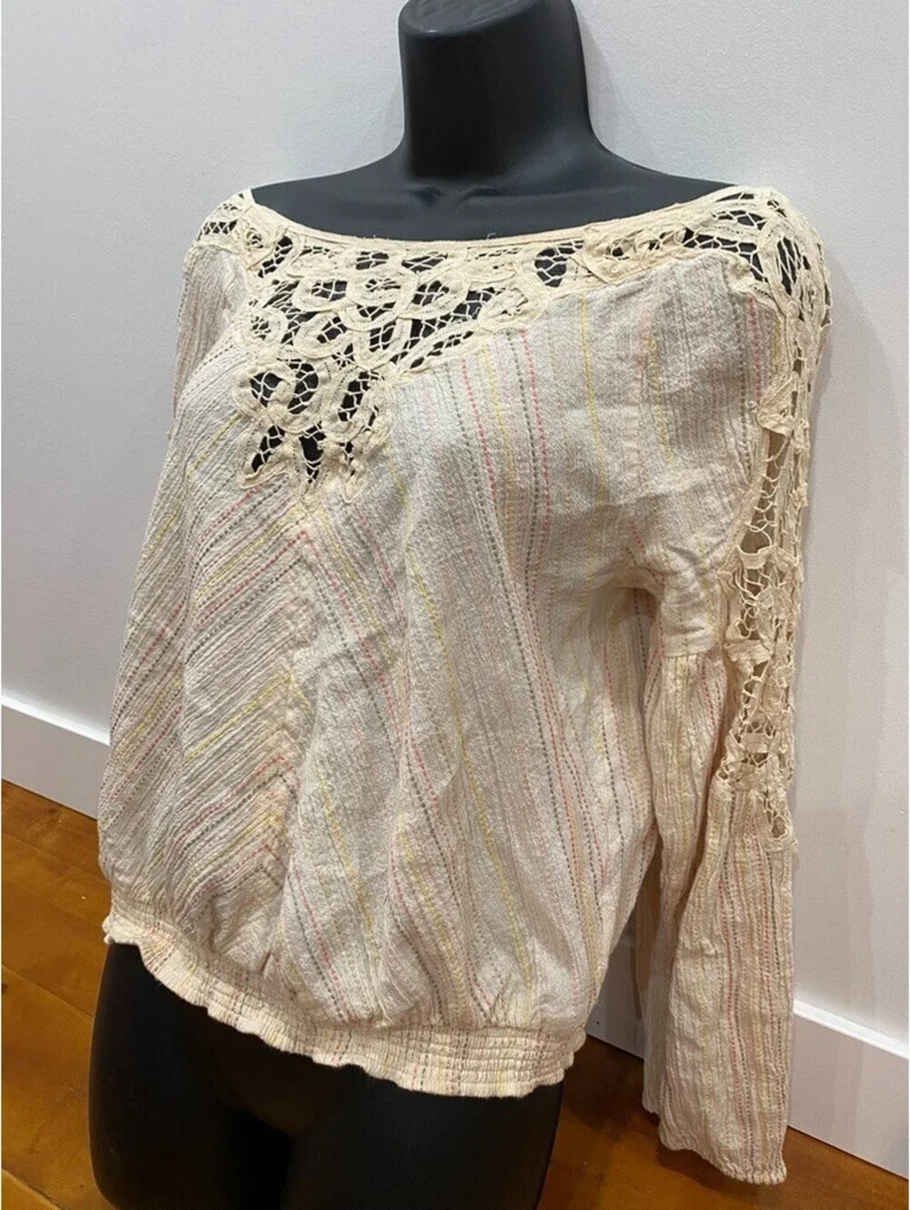 Free People Top MEDIUM Blouse Floating Memories Lace  Artsy Boho Ivory Hippie